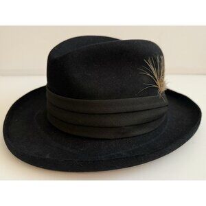 Deion by Dobbs Golden Coach Men's Vtg Black Felt Fedora Hat Feather Size 6 7/8
